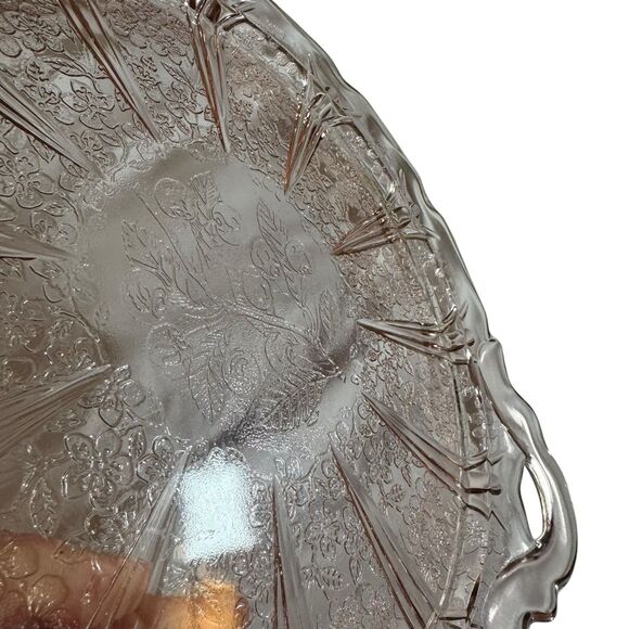 Vintage Jeanette Pink Depression Glass Platter Tray Handled Cherry Blossom - Picture 5 of 8